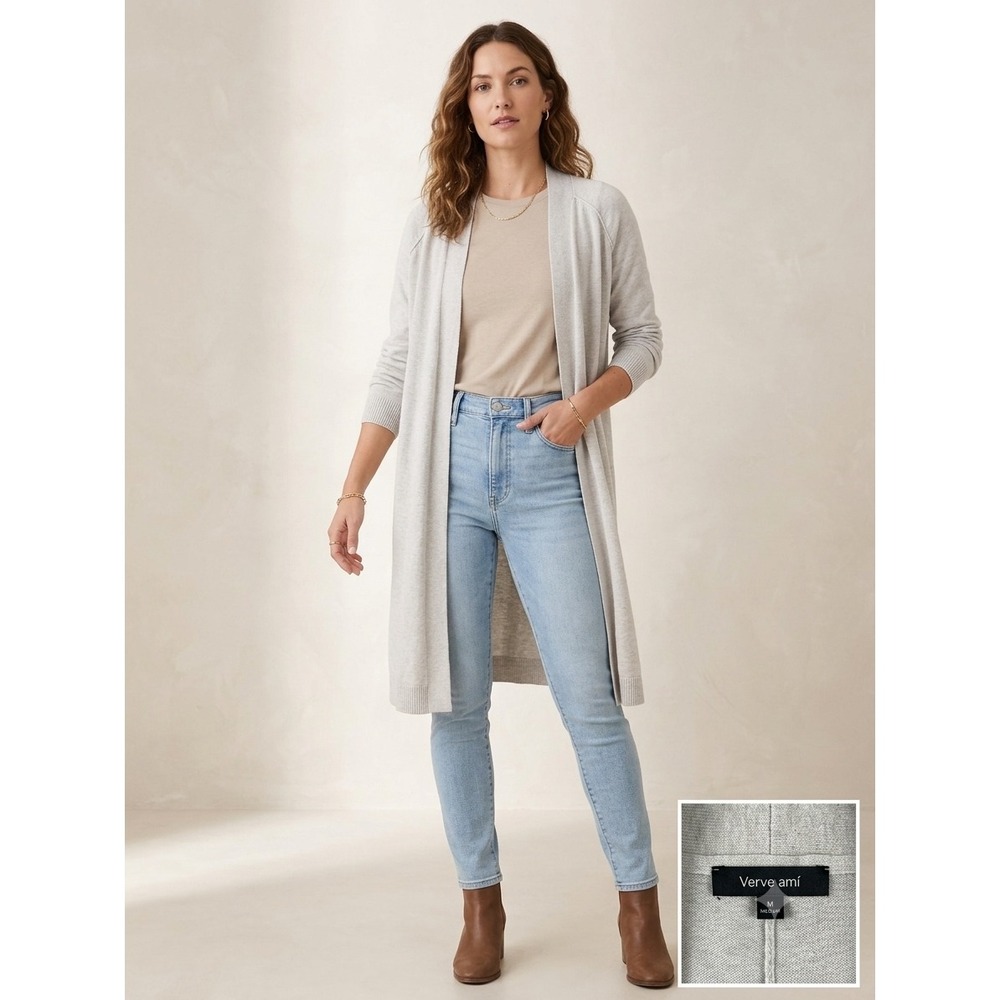 Verve Ami Womens Longline Open Front Cardigan Sweater Oatmeal Beige Size M